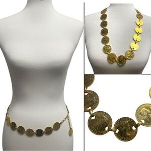 Vintage Queen Elizabeth II One Pense Coin Belt. Chain Coins belt Gold tone UK